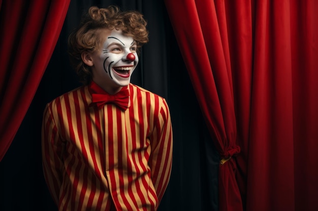 Photo un garçon riant avec de la peinture de clown sur son visage tandis qu'un rideau rouge foncé et gris
