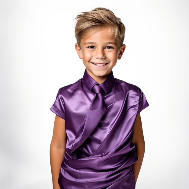 Photo garçon en robe violette enfant sur fond blanc isolé haut