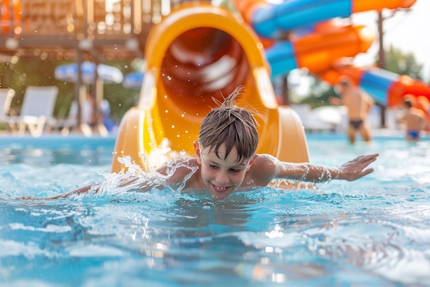 Photo un garçon s'amuse dans la piscine après avoir descendu le toboggan d'été.