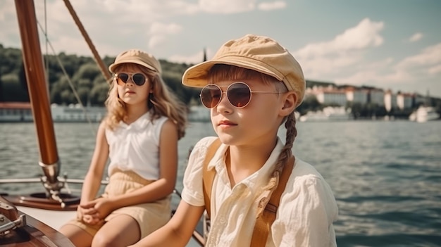 Garçon avec sa sœur à bord d'un voilier en croisière d'été