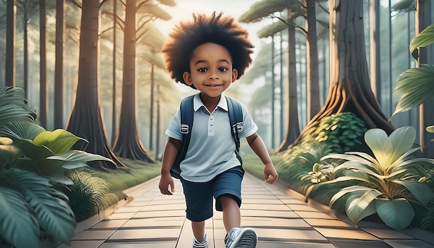 un garçon avec un sac à dos et un backpack marche sur un sentier dans les bois