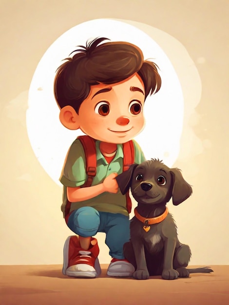 un garçon avec un sac à dos et un chien avec une photo de lui et un garçon with a backpack