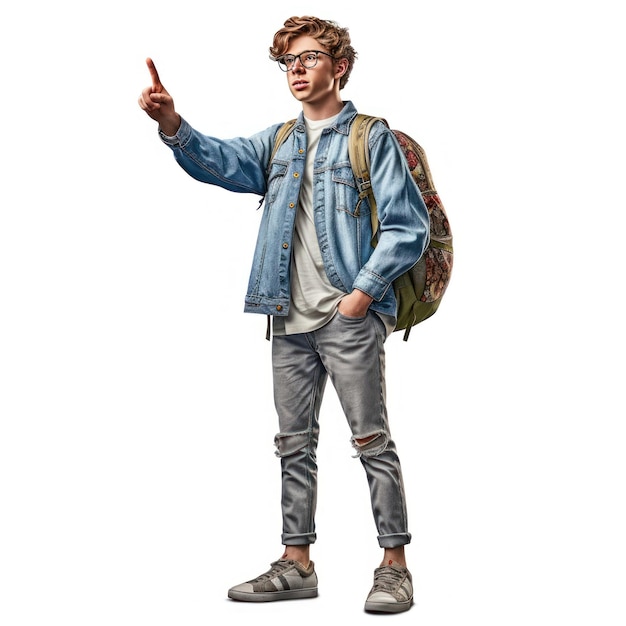 Un garçon avec un sac à dos pointant vers le haut avec un doigt pointé vers le haut.