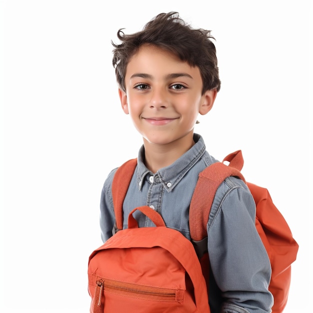 Garçon avec sac à dos rouge pour la rentrée scolaire isolé sur fond blanc