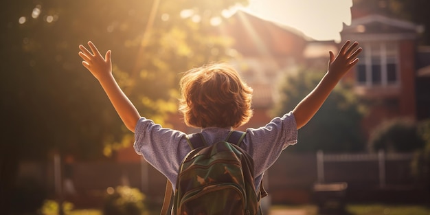 Un garçon avec un sac à dos s'approche de l'école vu de dos Prêt pour de nouvelles connaissances et aventures IA IA générative