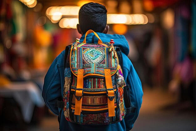 Un garçon avec un sac à dos se promène dans un marché