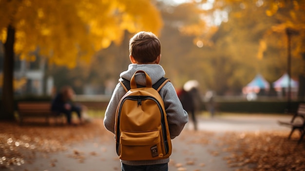 un garçon avec un sac à dos se promène dans le parc.
