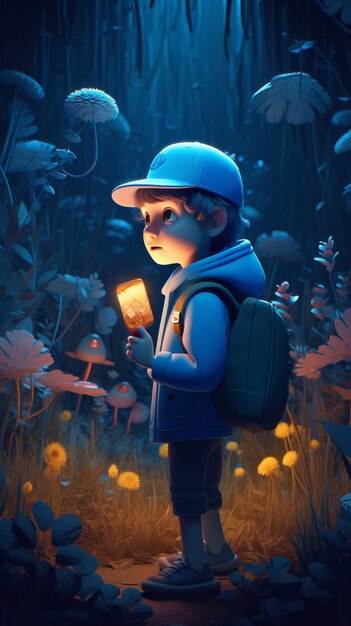 Un garçon avec un sac à dos se tient dans une forêt sombre tenant une lanterne allumée.