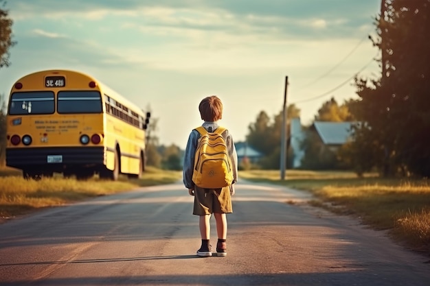 Un garçon avec un sac à dos va à l'autobus scolaire de retour à l'école générative ai