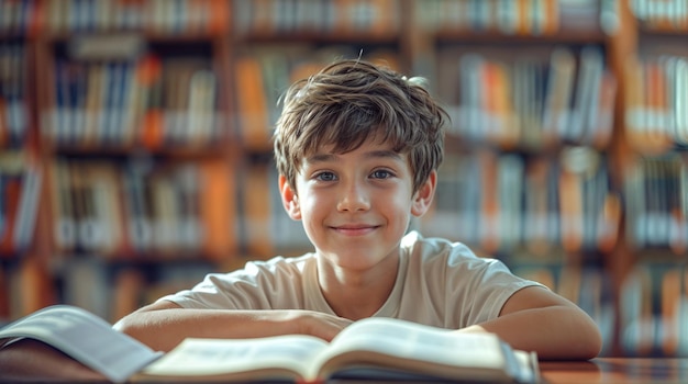 Un garçon satisfait avec un livre ouvert à la bibliothèque à l'occasion de la Journée mondiale du livre