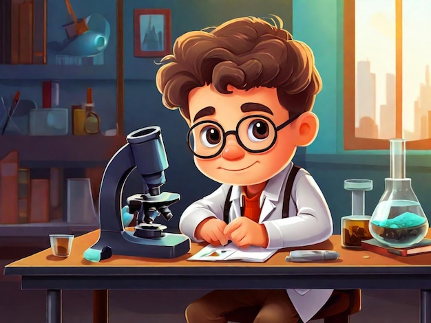 Un garçon scientifique travaillant avec une illustration vectorielle au microscope dans le style de dessin animé