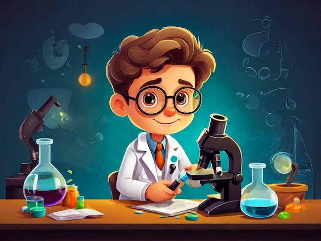 Un garçon scientifique travaillant avec une illustration vectorielle au microscope dans le style de dessin animé