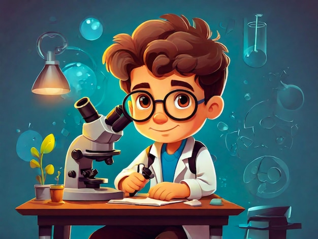 Un garçon scientifique travaillant avec une illustration vectorielle au microscope dans le style de dessin animé