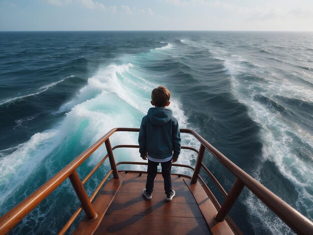 Un garçon se tient sur le bord d'un navire et regarde les vagues de la mer