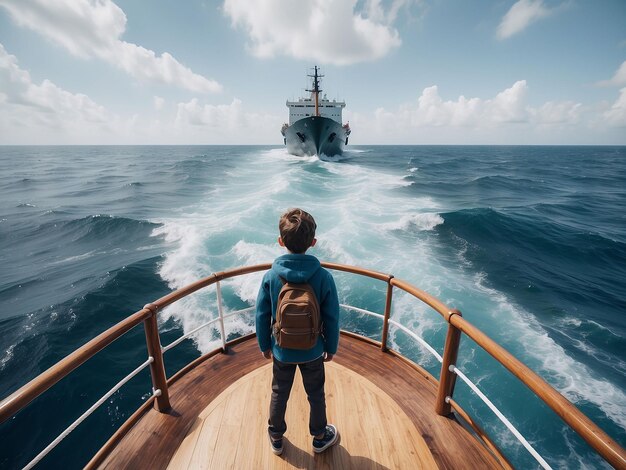 Un garçon se tient sur le bord d'un navire et regarde les vagues de la mer