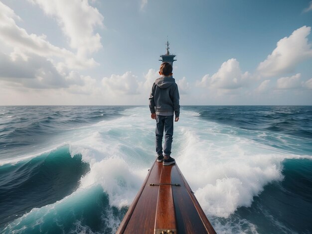 Un garçon se tient sur le bord d'un navire et regarde les vagues de la mer