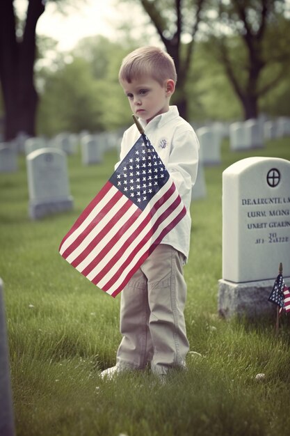 Un garçon se tient dans un cimetière tenant un drapeau.