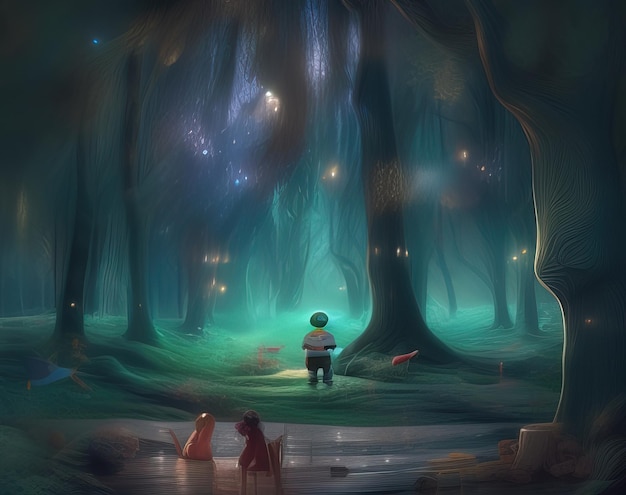 Un garçon se tient dans une forêt sombre avec un fond bleu et un sac rouge sur son épaule.