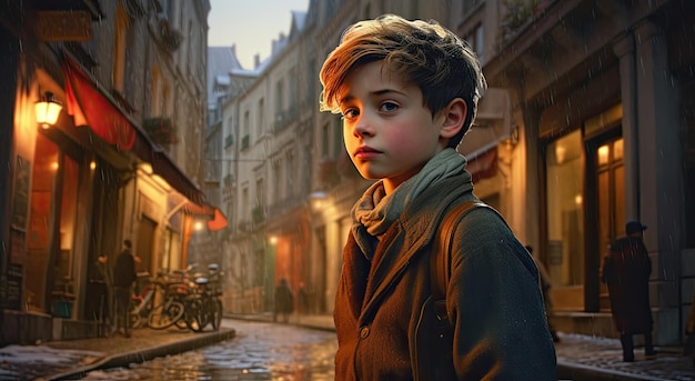Un garçon se tient dans une rue de paris