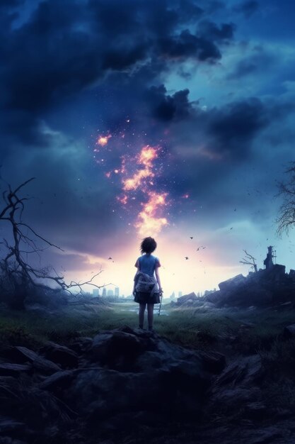 Un garçon se tient devant un ciel sombre avec une boule de feu dans le ciel.