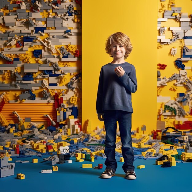 Photo un garçon se tient devant un mur de legos