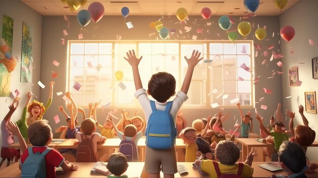 Un garçon se tient devant une salle de classe pleine de confettis et de ballons.