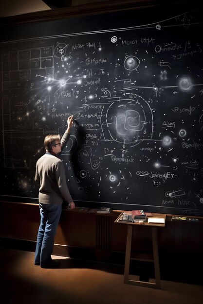 un garçon se tient devant un tableau noir avec les mots "l'univers" dessus