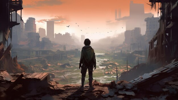 Un garçon se tient sur une falaise devant une ville avec une ville en arrière-plan.