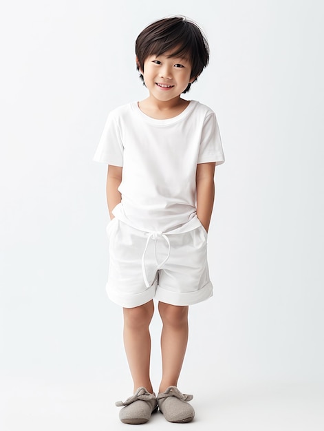 Un garçon en short blanc et une chemise blanche se tient devant un fond blanc.