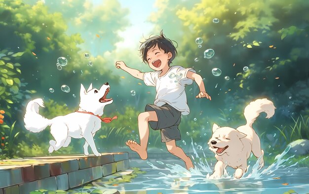 Photo un garçon et son chien chassant des bulles dans le jardin