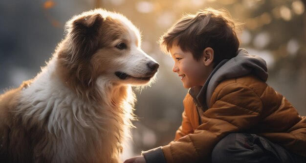 un garçon et son chien se sourient l'un à l'autre