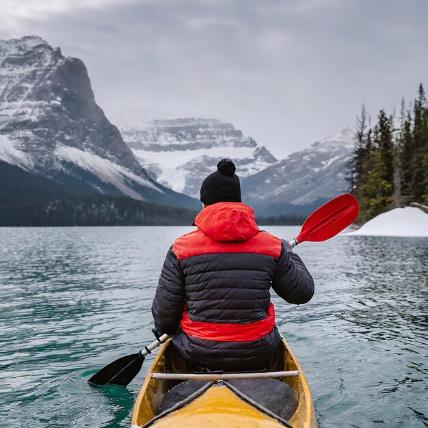 Un garçon avec son dos naviguant avec un canoë dans le lac dans les montagnes