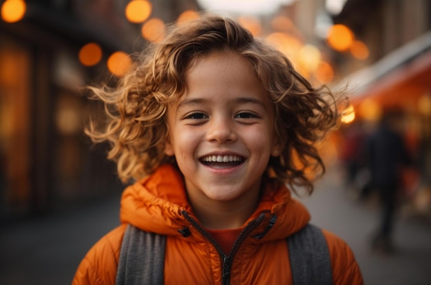 un garçon souriant avec des cheveux bouclés et un sac à dos sur le dos.