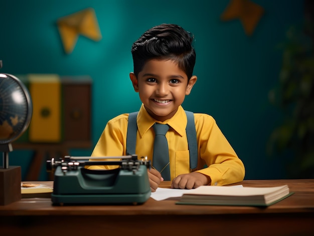 Un garçon souriant en classe avec des cahiers et des bureaux.