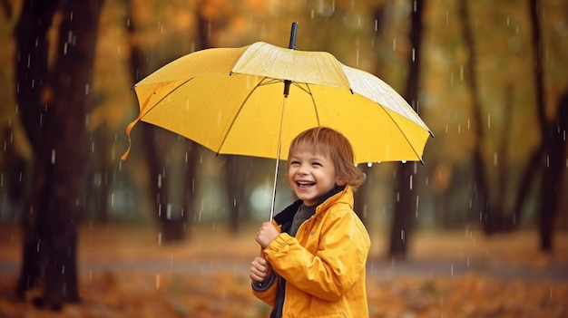 Garçon souriant dans un imperméable garçon jouant dans l'enfant de la pluie dans l'arbre jaune d'automne dans la pluie d'automne Rainspring Ai générative