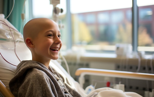 Photo garçon souriant dans un lit d'hôpital pour cancéreux ai générative