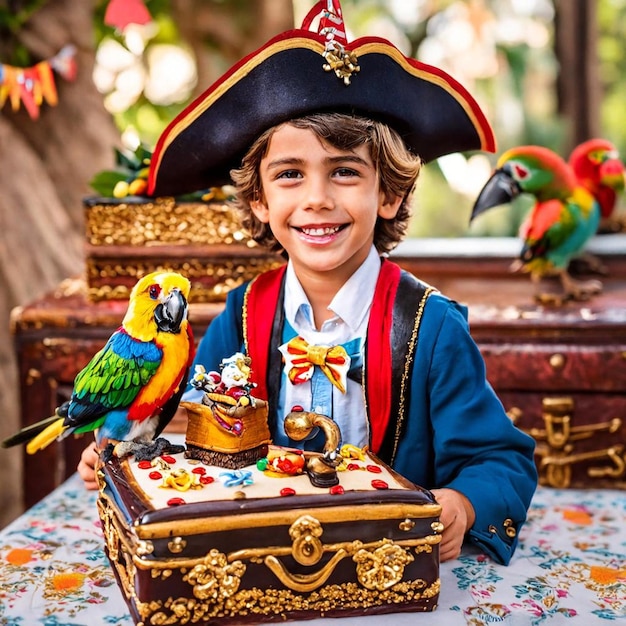 un garçon souriant habillé en pirate avec une main de crochet et un perroquet sur son épaule célébrant son bir