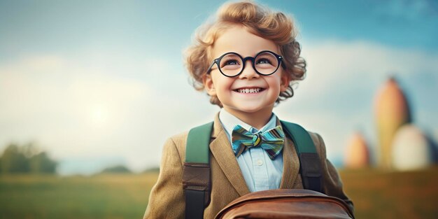 un garçon souriant en lunettes se tient près du tableau noir