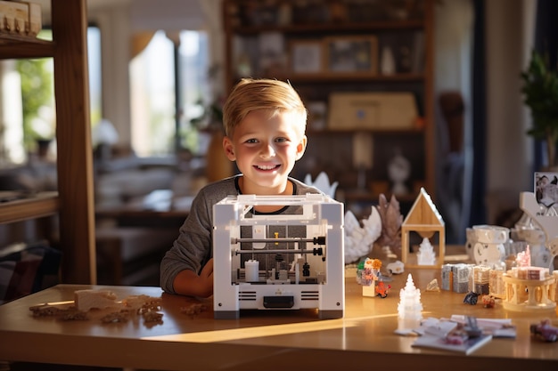 Un garçon souriant qui regarde la caméra en utilisant une imprimante 3D à la maison