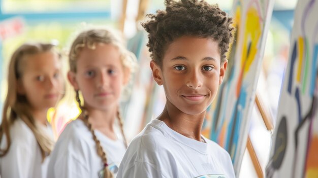 Photo un garçon souriant avec ses amis en classe d'art sur la créativité et l'apprentissage