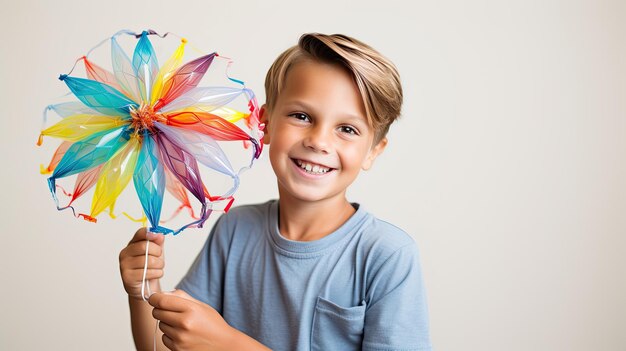 Photo un garçon souriant tenant un ballon à air chaud vibrant