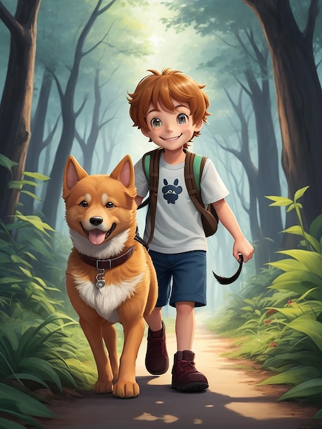 Photo un garçon souriant tenant son fidèle ami le chien alors qu'ils marchent dans la forêt