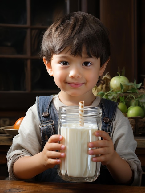 un garçon souriant tenant un verre de lait sur un fond flou