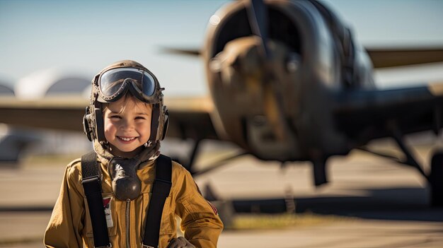 Un garçon souriant vêtu d'un uniforme de pilote se tient à côté d'un avion