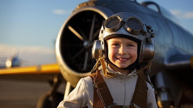 Un garçon souriant vêtu d'un uniforme de pilote se tient à côté d'un avion