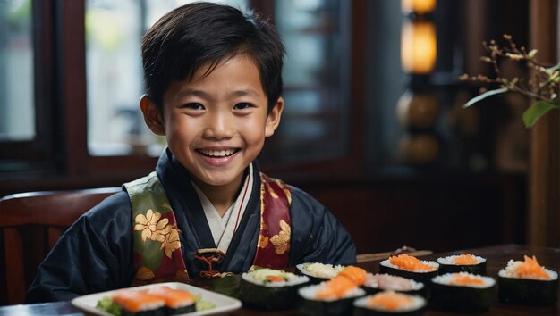 un garçon sourit à la caméra avec du sushi sur ses genoux