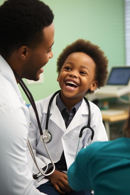 Photo un garçon sourit avec son médecin sur son épaule