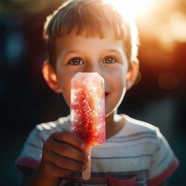 Photo un garçon avec une sucette dans les mains de la glace gelée en gros plan le soleil d'été couchant