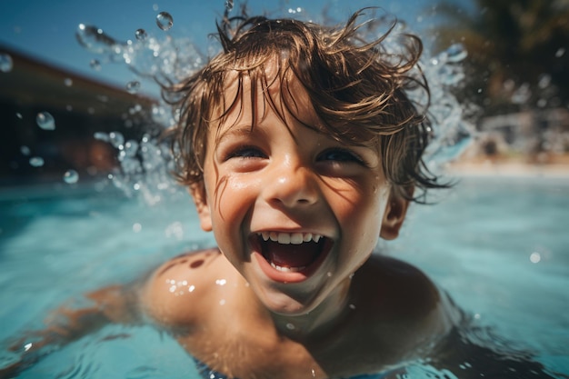 Garçon super heureux nageant dans une piscine IA générative