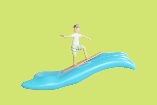 Garçon surf sur la fonte des vagues rendu 3d